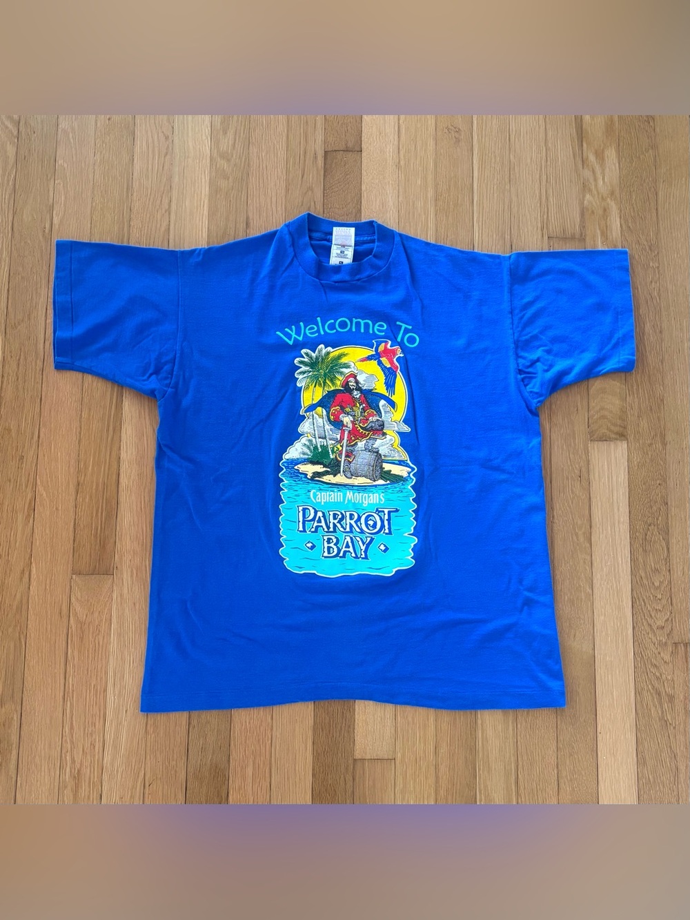 Vintage 90s Captain Morgan Parrot Bay Shirt XL Single Stitch Double Sided Blue